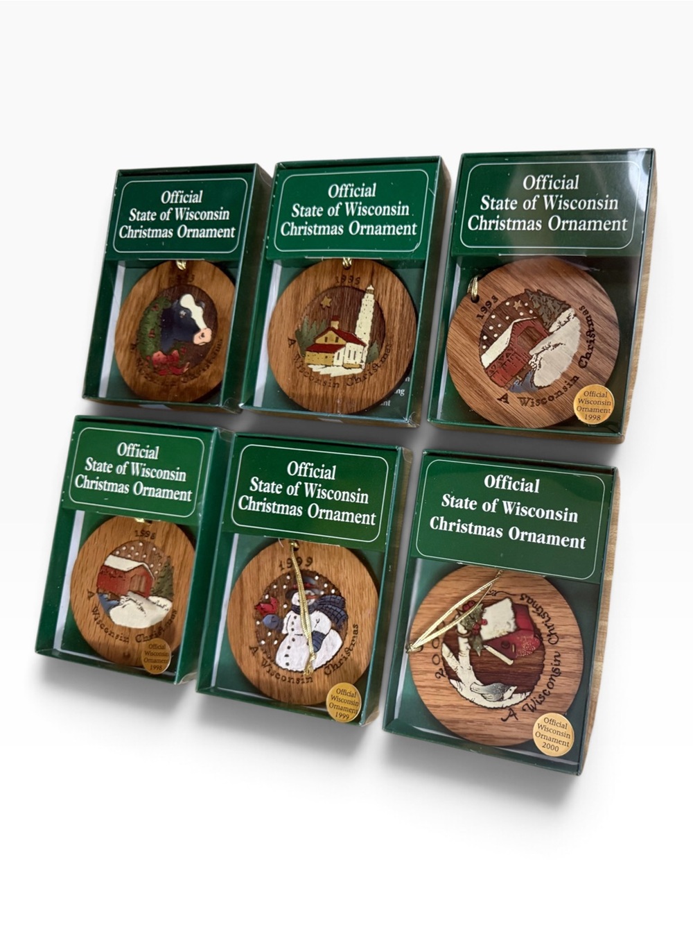 VTG Official State of Wisconsin Wood Christmas Ornaments Lot of 6 (1995-2000)